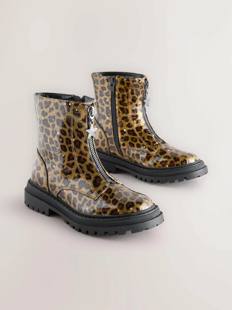 Next Wide Fit (G) Zip Front Ankle Boots Leopard Print Outlet