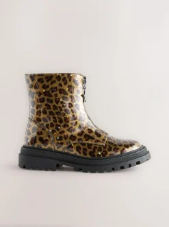Next Wide Fit (G) Zip Front Ankle Boots Leopard Print Outlet
