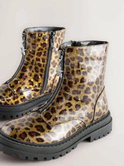 Next Wide Fit (G) Zip Front Ankle Boots Leopard Print Outlet
