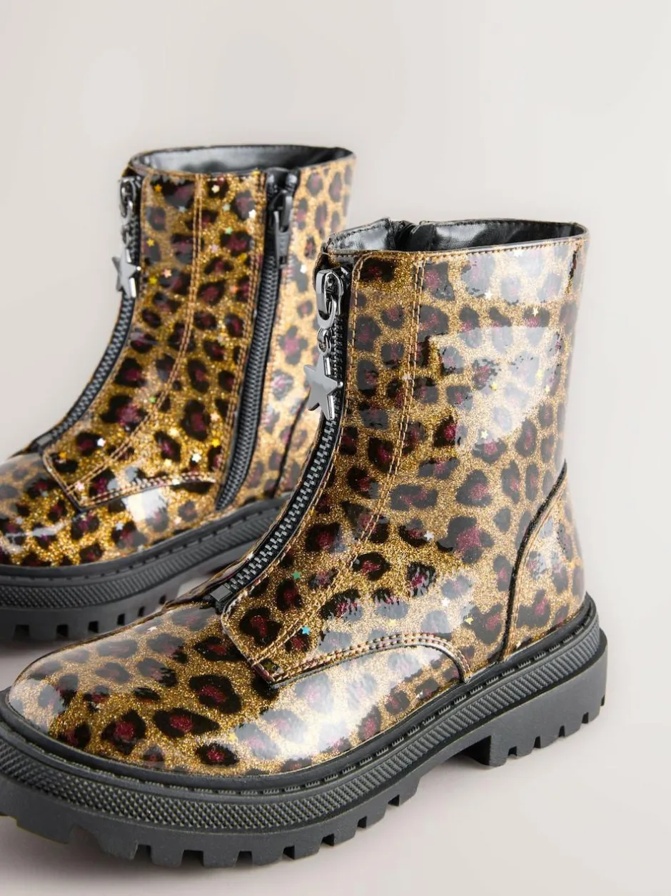 Next Wide Fit (G) Zip Front Ankle Boots Leopard Print Outlet