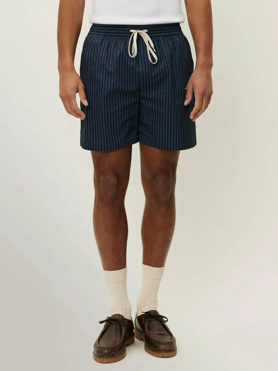 Les Deux Stan Stripe Seersucker Swim Shorts Navy Blue Clearance