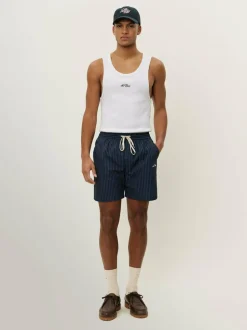 Les Deux Stan Stripe Seersucker Swim Shorts Navy Blue Clearance