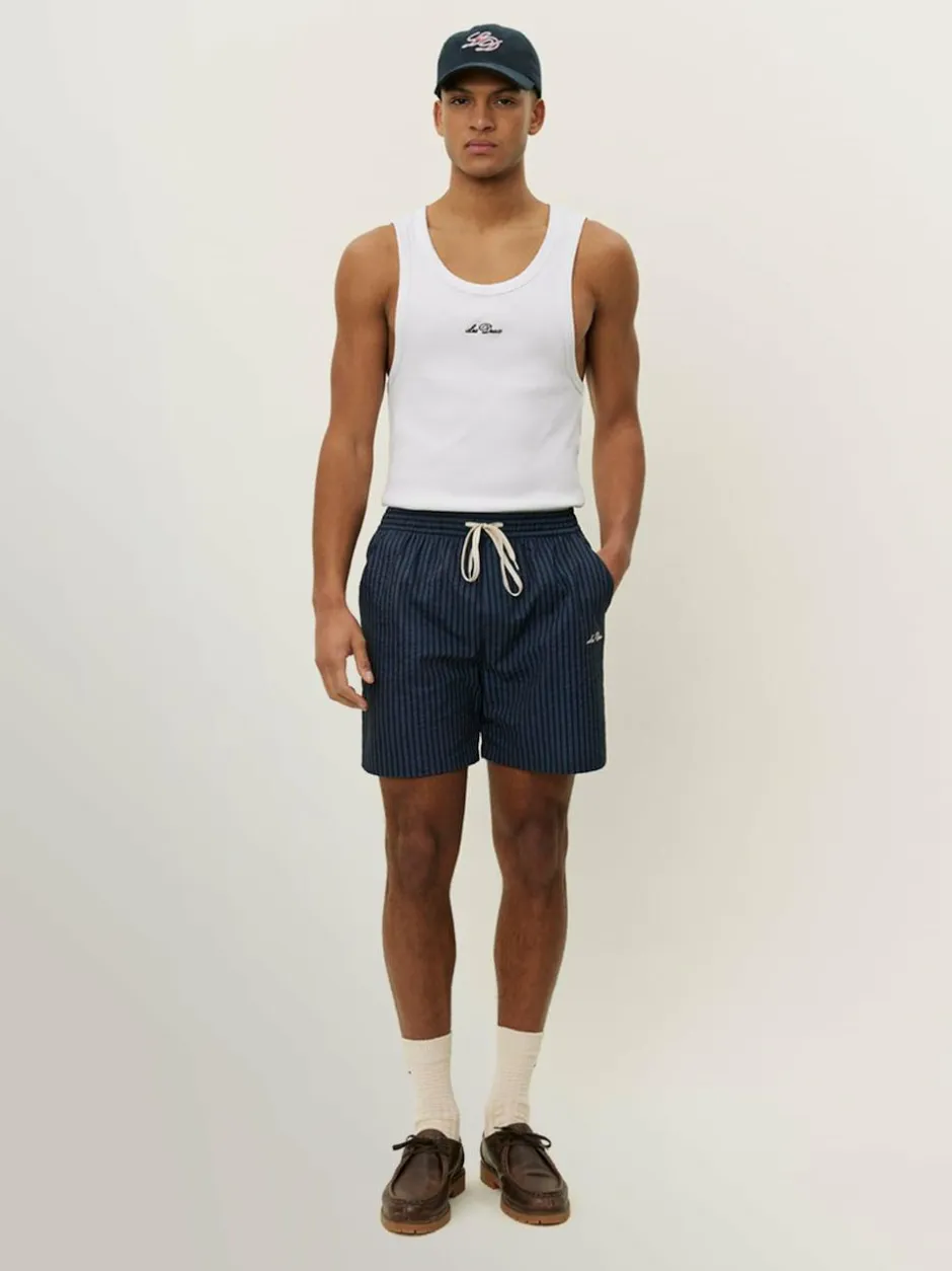 Les Deux Stan Stripe Seersucker Swim Shorts Navy Blue Clearance