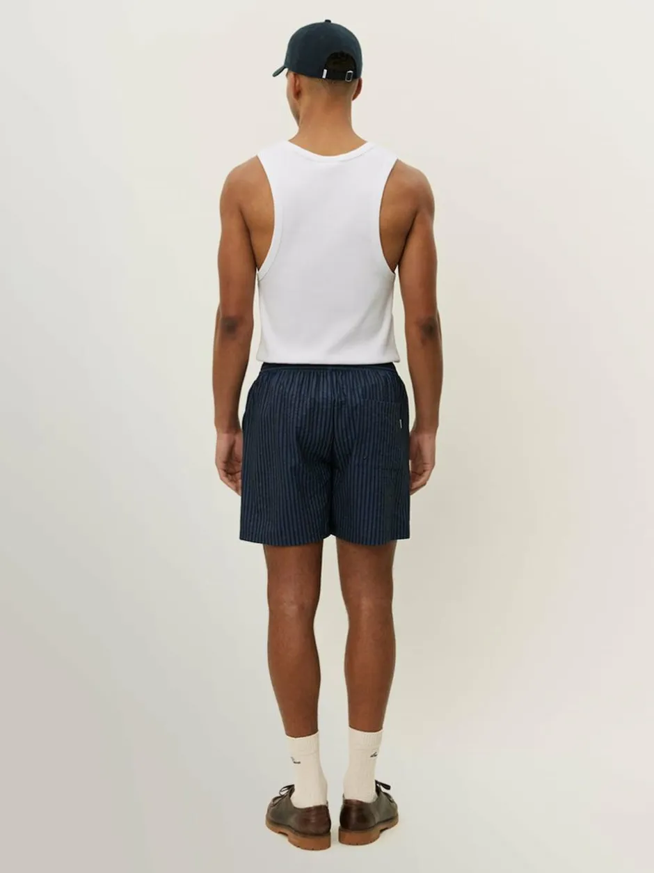 Les Deux Stan Stripe Seersucker Swim Shorts Navy Blue Clearance