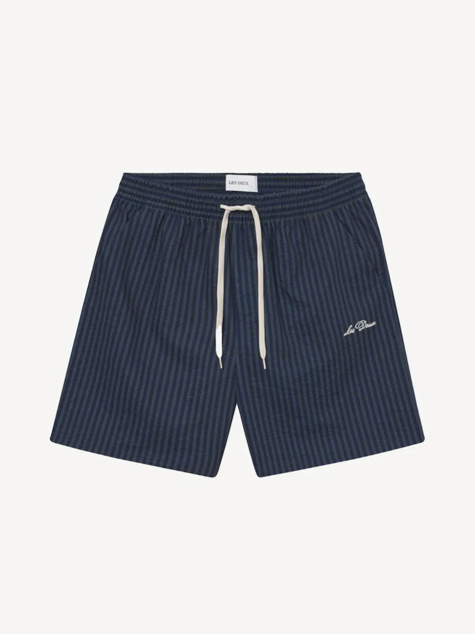 Les Deux Stan Stripe Seersucker Swim Shorts Navy Blue Clearance