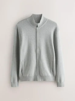 Next N.Premium Regular Fit 100% Cotton Premium Zip-Through Cardigan Light Grey New