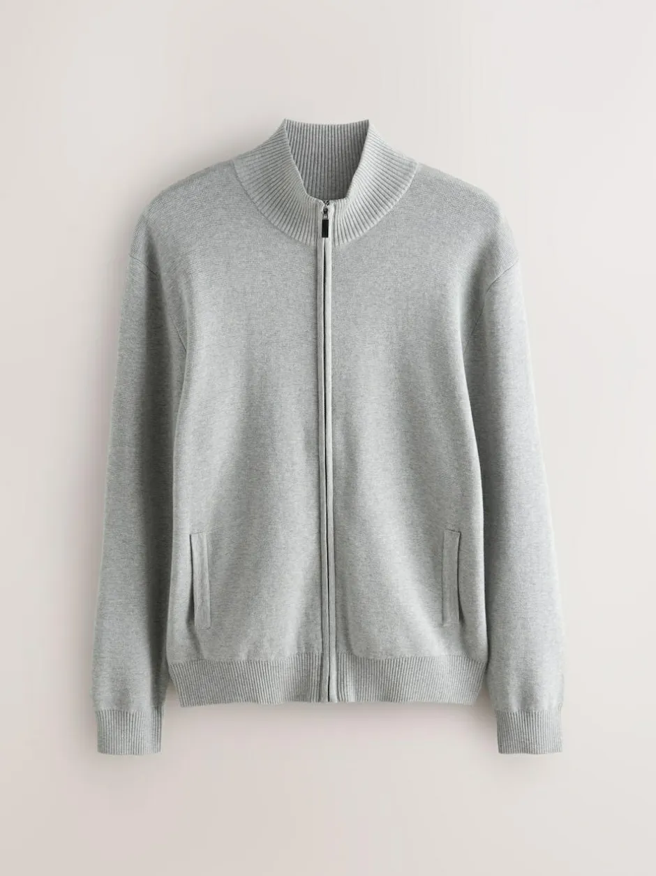 Next N.Premium Regular Fit 100% Cotton Premium Zip-Through Cardigan Light Grey New