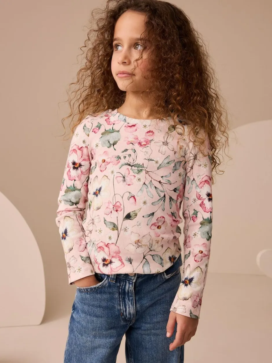 Next Light Pink Floral Long Sleeve Ribbed Top (3-16yrs) Discount