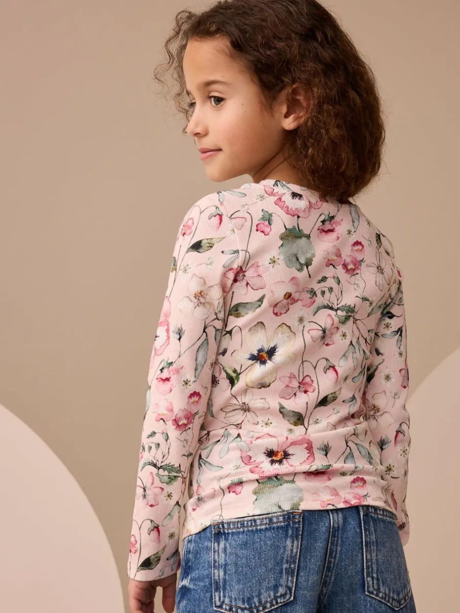 Next Light Pink Floral Long Sleeve Ribbed Top (3-16yrs) Discount