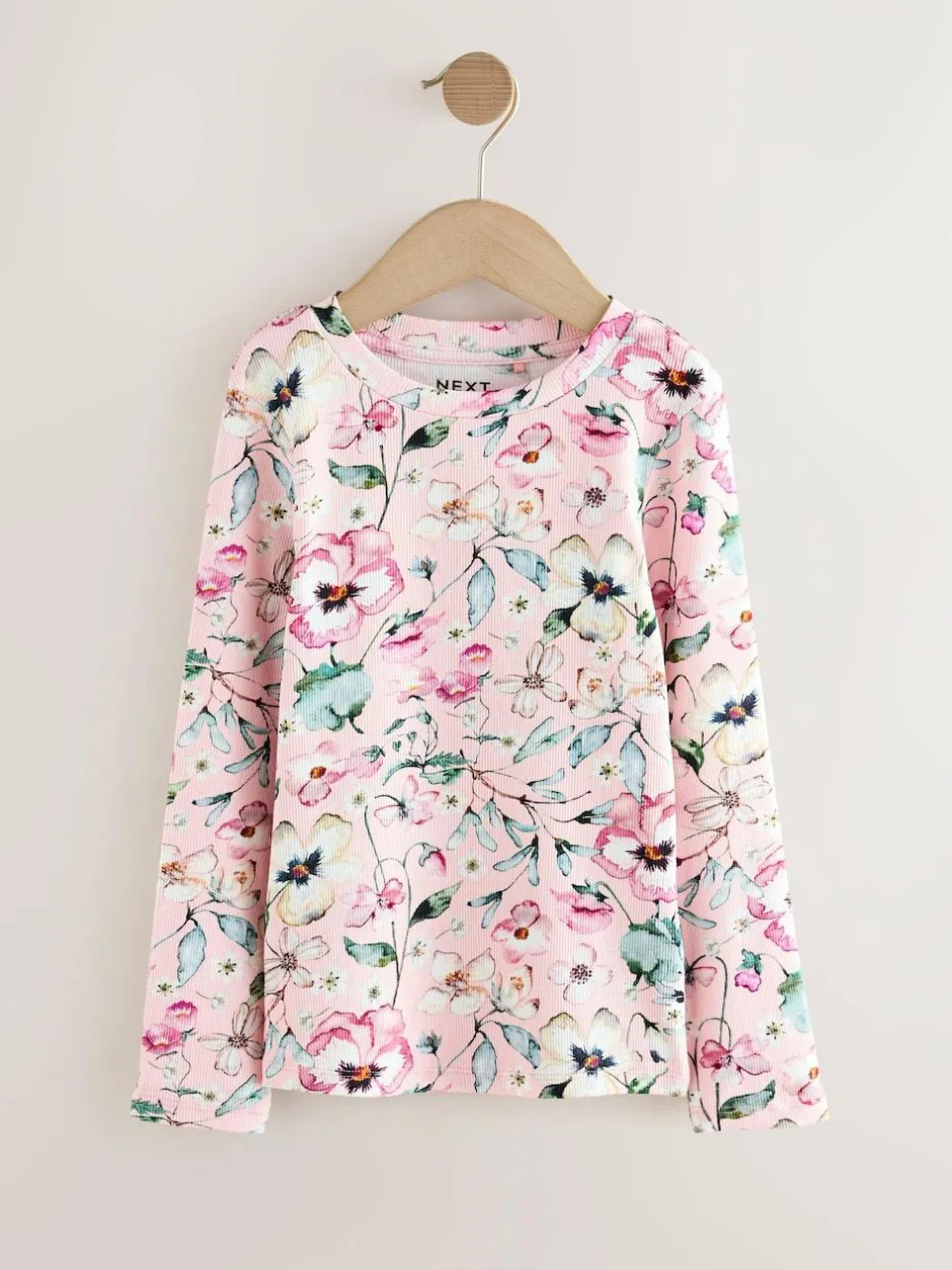 Next Light Pink Floral Long Sleeve Ribbed Top (3-16yrs) Discount