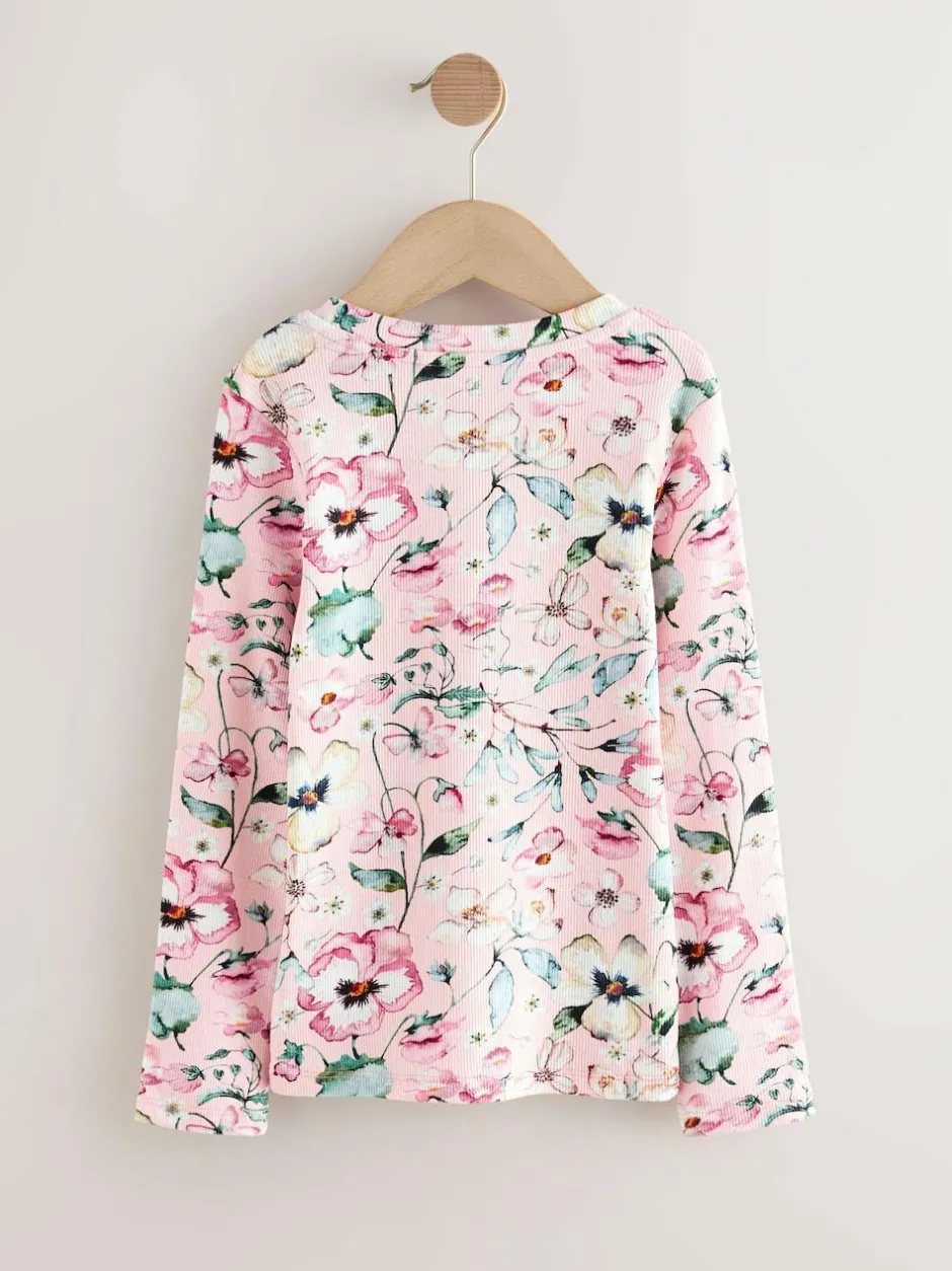Next Light Pink Floral Long Sleeve Ribbed Top (3-16yrs) Discount