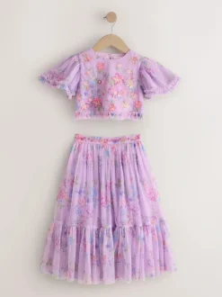 Next Lilac Purple Floral Embellished Top and Skirt Lehenga Set (3-16yrs) Hot
