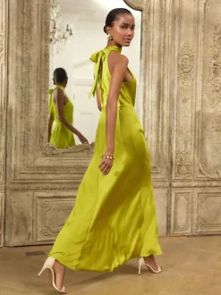 Next Lime Green Textured Satin Halter Sleeveless Midi Dress Online