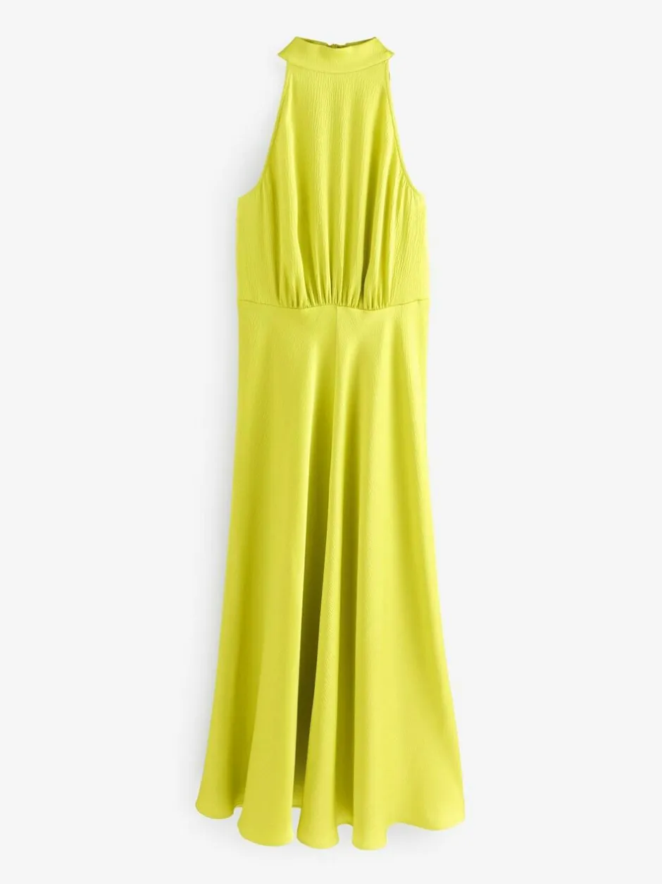 Next Lime Green Textured Satin Halter Sleeveless Midi Dress Online