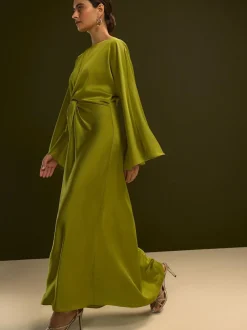 Next Twist Front Long Sleeve Satin Maxi Dress Lime Green Outlet