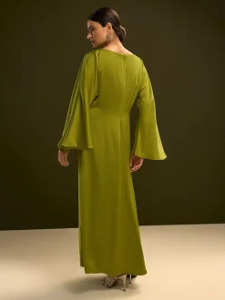 Next Twist Front Long Sleeve Satin Maxi Dress Lime Green Outlet