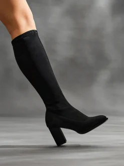 Linzi Black Kylie Stretch High Leg Block Heeled Boots Best