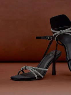 Linzi Black Polly Stiletto Heeled Sandals With Diamante Knot Detail Hot