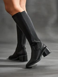 Linzi Reason Block Heel High Leg Boots With Back Stretch Panel Black Hot