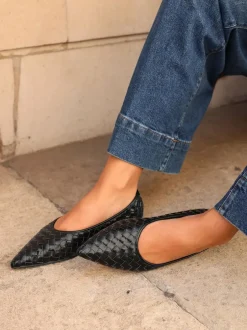 Linzi Talina Woven Pointed Toe Ballet Flats Black New
