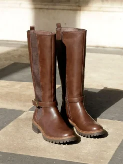 Linzi Gilded High Leg Boots With Stretch Side Panel and Buckle Detail Brown Best