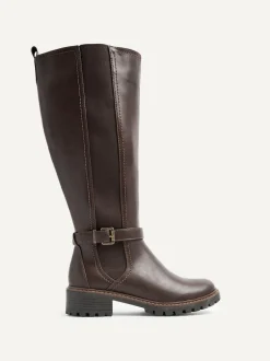 Linzi Gilded High Leg Boots With Stretch Side Panel and Buckle Detail Brown Best