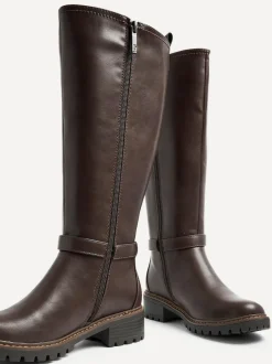 Linzi Gilded High Leg Boots With Stretch Side Panel and Buckle Detail Brown Best
