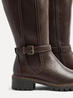 Linzi Gilded High Leg Boots With Stretch Side Panel and Buckle Detail Brown Best