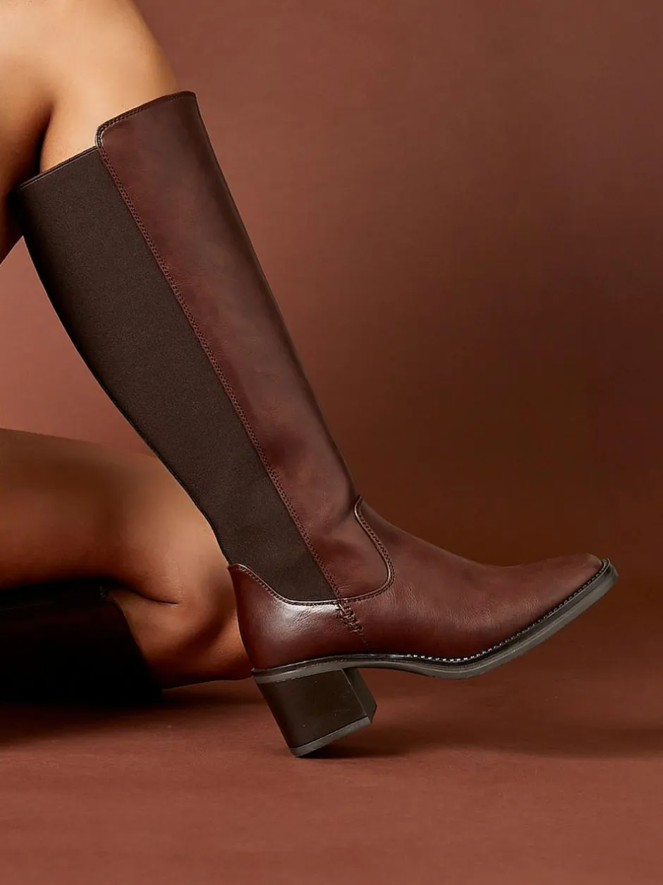 Linzi Reason Block Heel High Leg Boots With Back Stretch Panel Brown Outlet