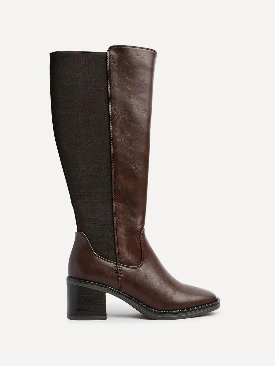 Linzi Reason Block Heel High Leg Boots With Back Stretch Panel Brown Outlet