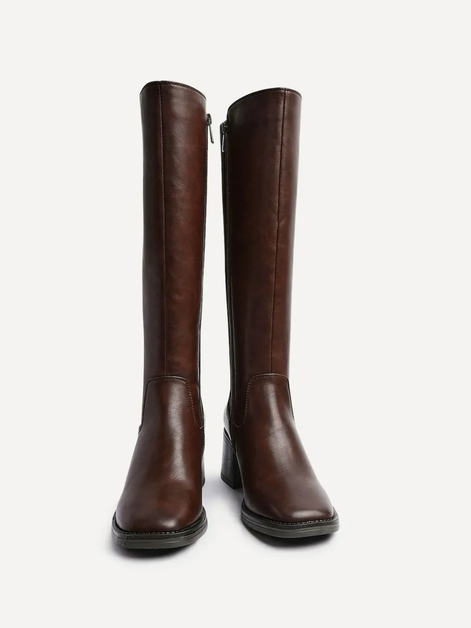 Linzi Reason Block Heel High Leg Boots With Back Stretch Panel Brown Outlet