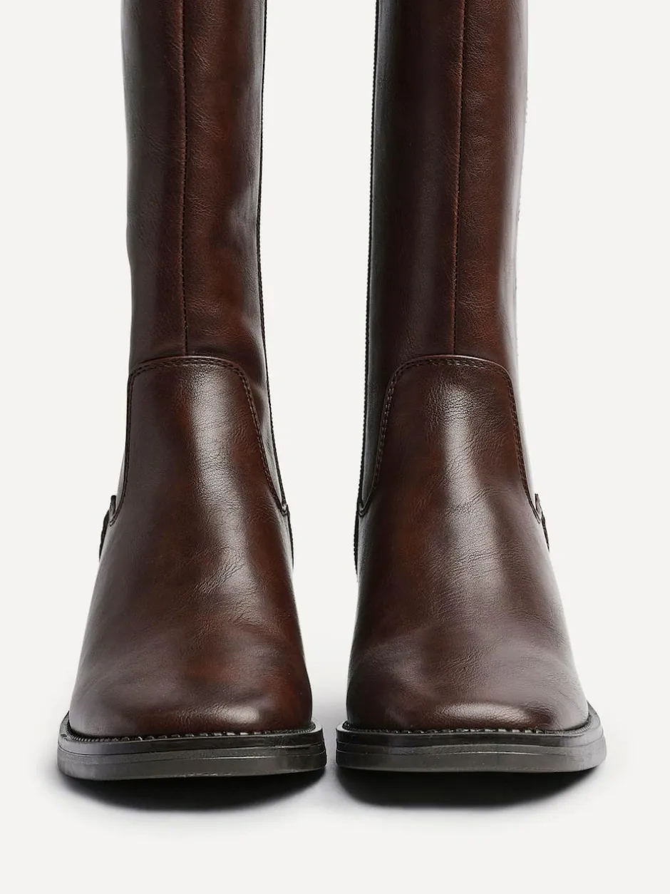 Linzi Reason Block Heel High Leg Boots With Back Stretch Panel Brown Outlet
