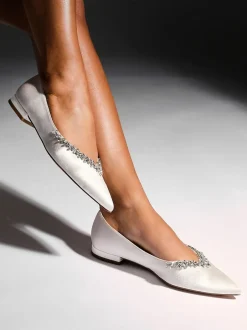 Linzi Cream Bridal Endless Pointed Toe Ballet Flat With Trim Shoes New