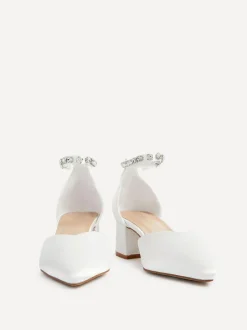 Linzi Ivory Bridal Jordanna Low Block Court Heels With Embellished Ankle Strap Clearance