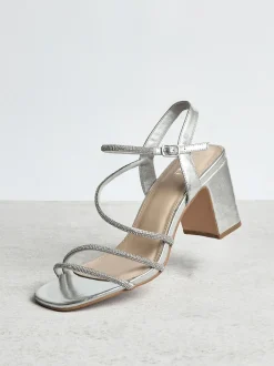 Linzi Kira Strappy Diamante Block Heeled Sandals Silver Outlet