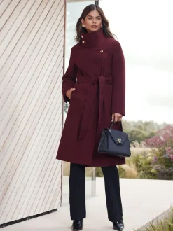 Lipsy Asymmetrical Funnel Neck Belted Coat Berry Red Outlet