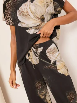 Lipsy Black Animal Floral Print Short Sleeve Top And Trousers Jersey Pyjamas Set
