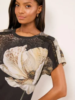 Lipsy Black Animal Floral Print Short Sleeve Top And Trousers Jersey Pyjamas Set