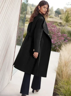Lipsy Asymmetrical Funnel Neck Belted Coat Black New
