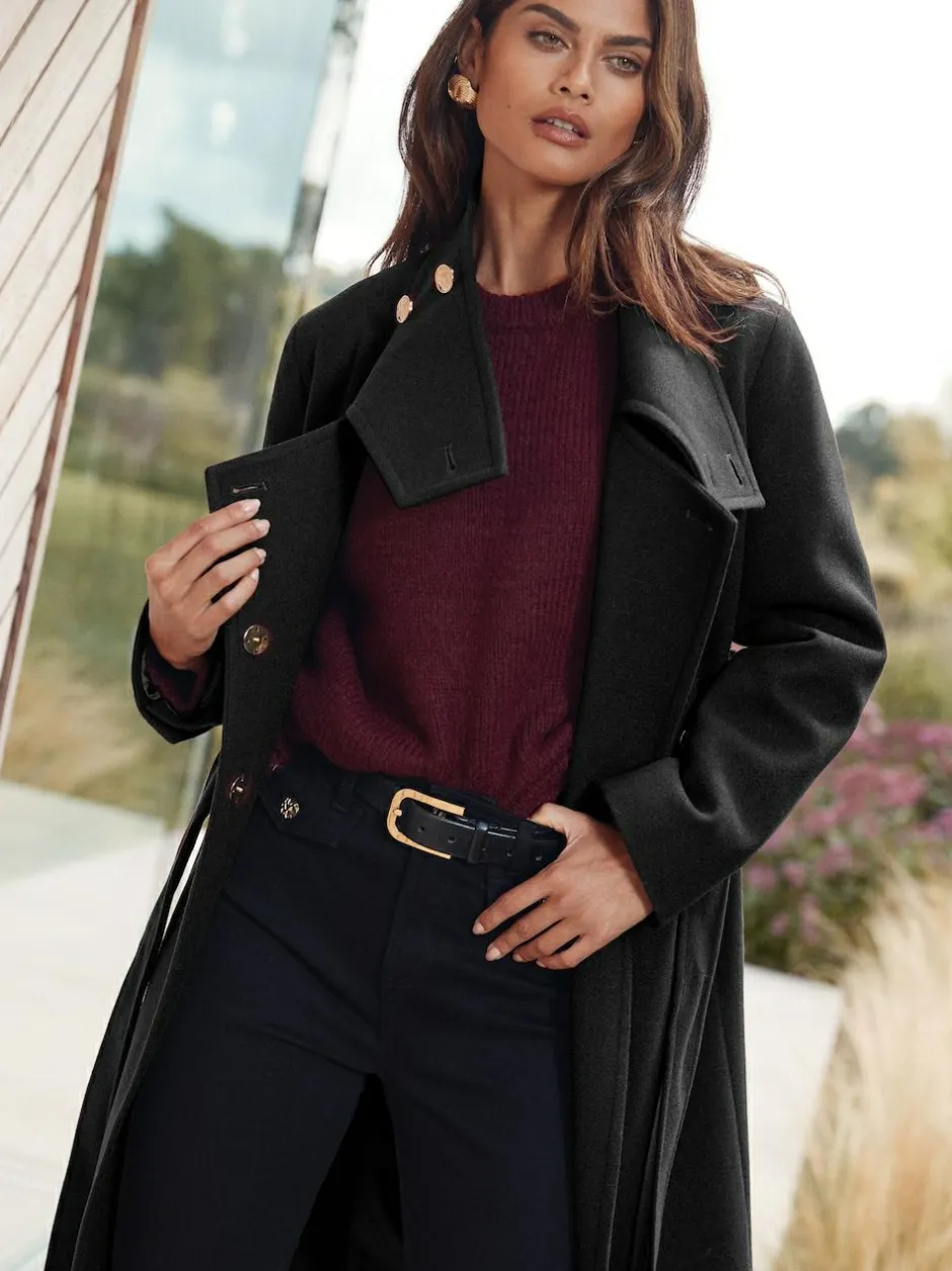 Lipsy Asymmetrical Funnel Neck Belted Coat Black New