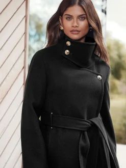 Lipsy Asymmetrical Funnel Neck Belted Coat Black New