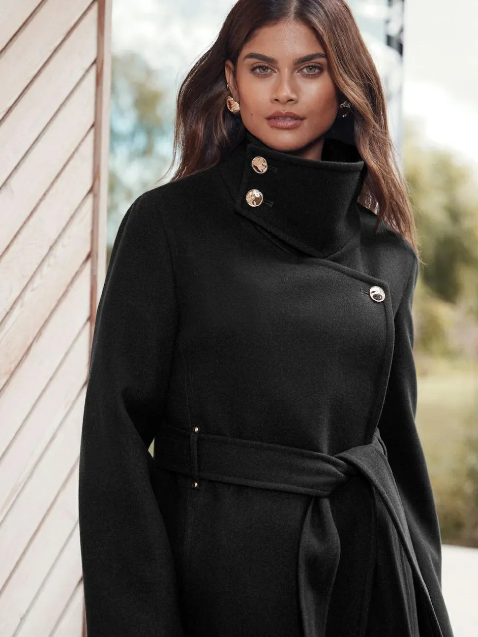 Lipsy Asymmetrical Funnel Neck Belted Coat Black New