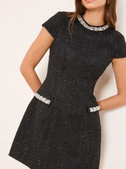Lipsy Black Boucle Pearl Trim High Neck Mini Dress Hot