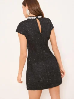 Lipsy Black Boucle Pearl Trim High Neck Mini Dress Hot