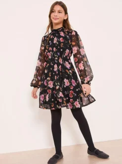 Lipsy Black Chiffon Floral Print Dress (5-16yrs) Discount