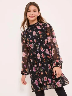 Lipsy Black Chiffon Floral Print Dress (5-16yrs) Discount