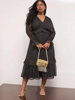 Lipsy Black Curve Metallic Spot V-Neck Ruffle Midi Dress New