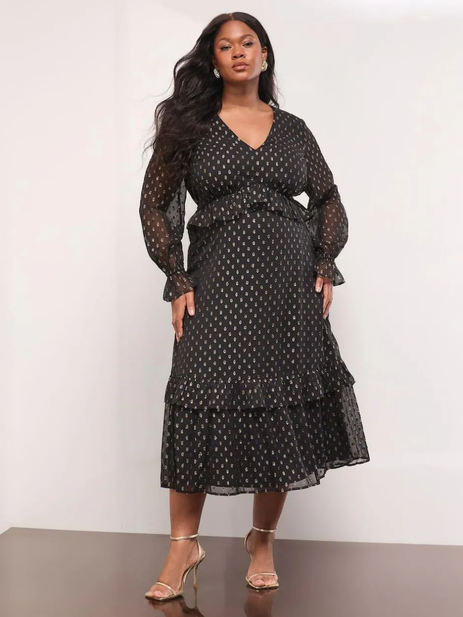 Lipsy Black Curve Metallic Spot V-Neck Ruffle Midi Dress New