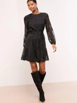 Lipsy 3D Lace Long Sleeve Mini Dress Black Online