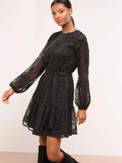 Lipsy 3D Lace Long Sleeve Mini Dress Black Online